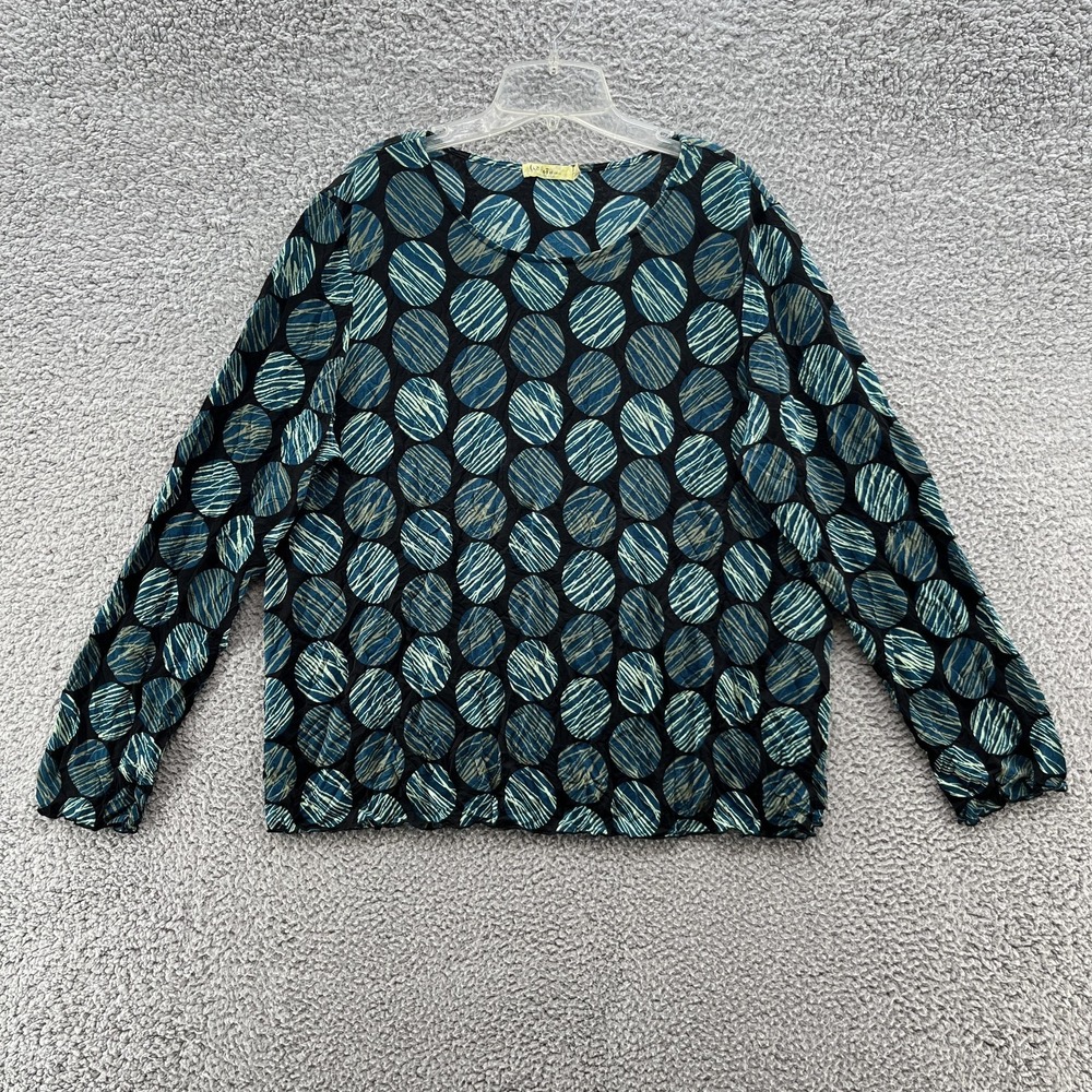 Chalet Top Womens Large Teal Black Polka Dot Crinkle Long Sleeve Art Shirt USA